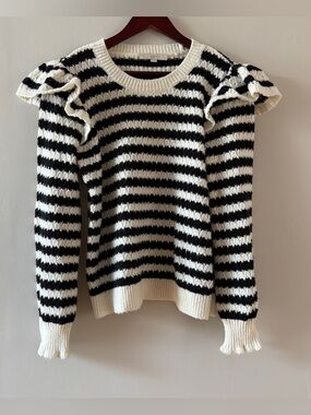LOFT Women’s Black & White Striped Chunky Open Knit Ruffle Crewneck Sweater